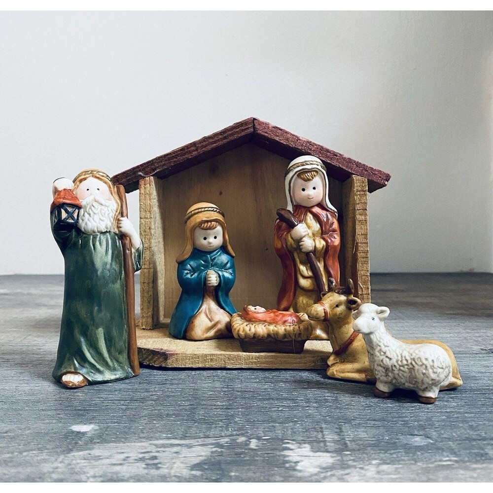 Vintage Home for the Holidays Porcelain Nativity Scene with Inn Holy Family Chri